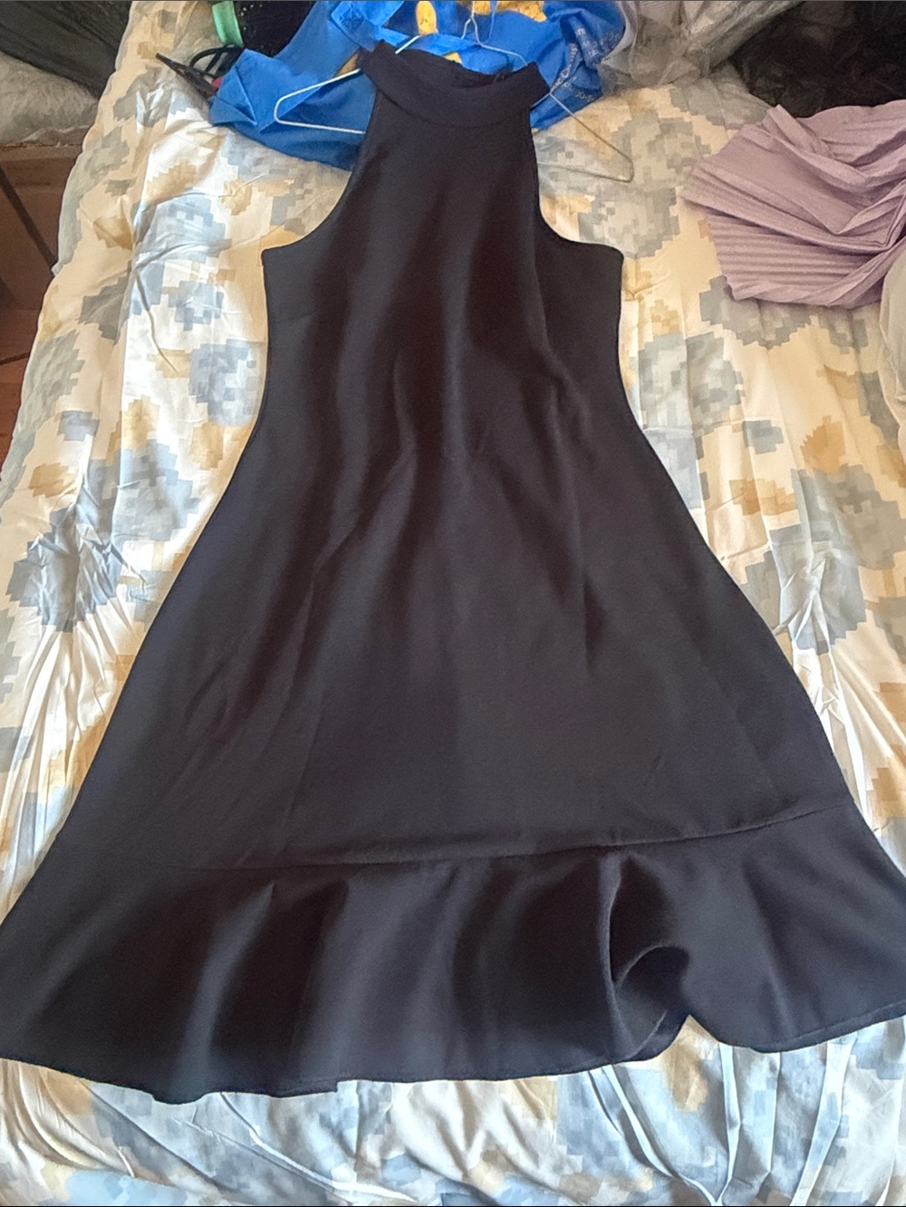 High-Neck Black Mini Dress with Flared Hem